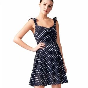 Betsey Johnson - Navy And White Polka Dot Lined Bow On Shoulder Mini Dress SZ 10